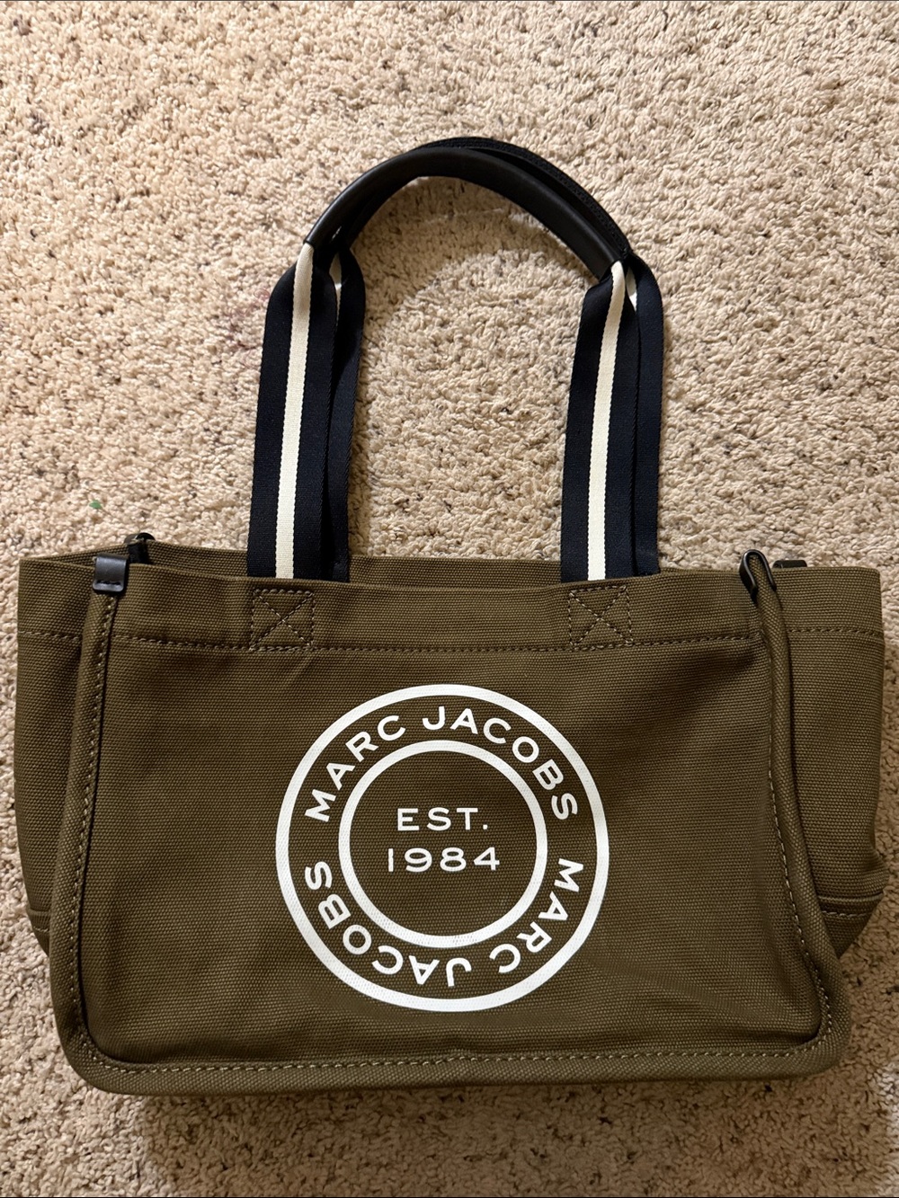Marc Jacobs Olive Canvas Messenger Tote with Black-and-White Striped Handles
